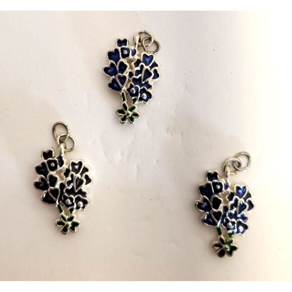 Three Texas Bluebonnet Silver Tone Enamel Bracelet Charms/Pendants/Earrings - Picture 1 of 3
